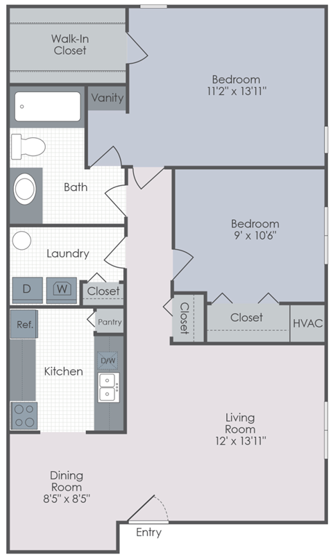 Floor plan for 2 beds, 1 bath, 950 sqft